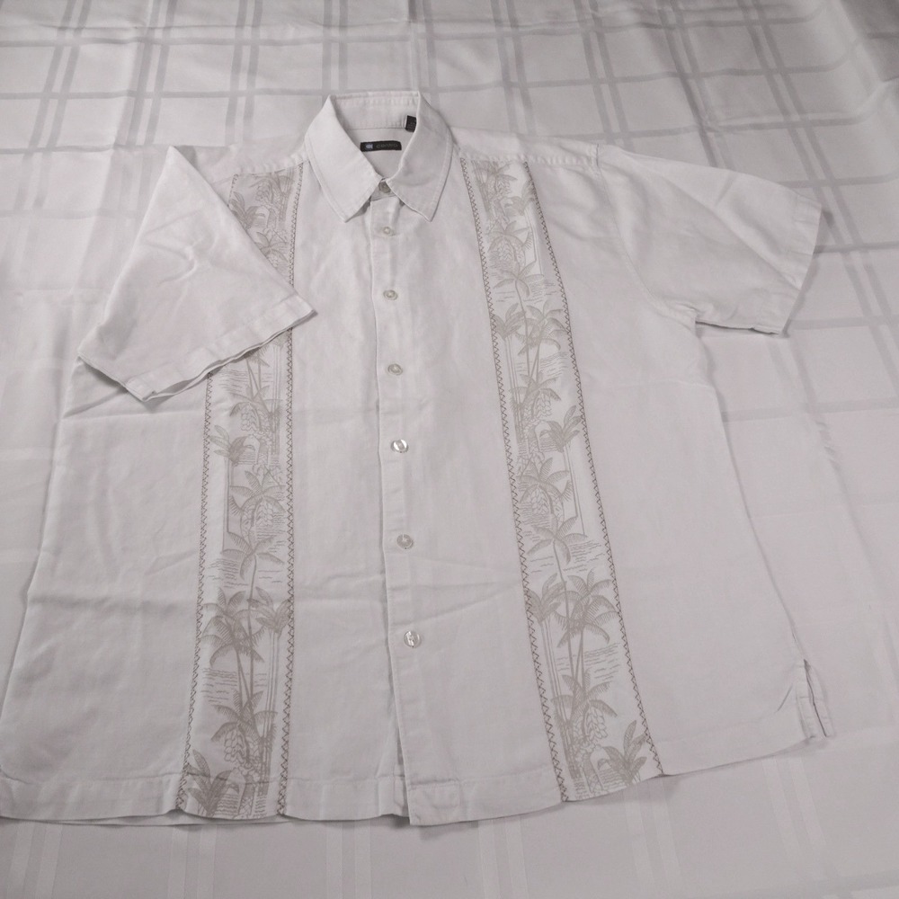 Centro Embroidered Men's Shirt White Short Sleeve Tropical Beach- Size L